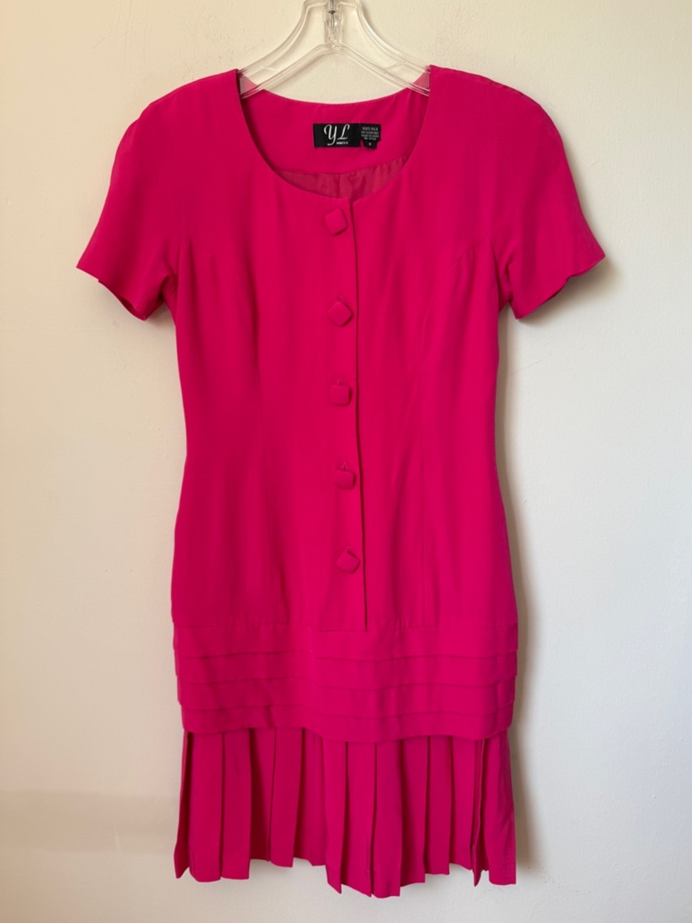 Vintage 80s Hot Pink 100% Silk Drop Waist Pleated Skirt YL Dress Size 4